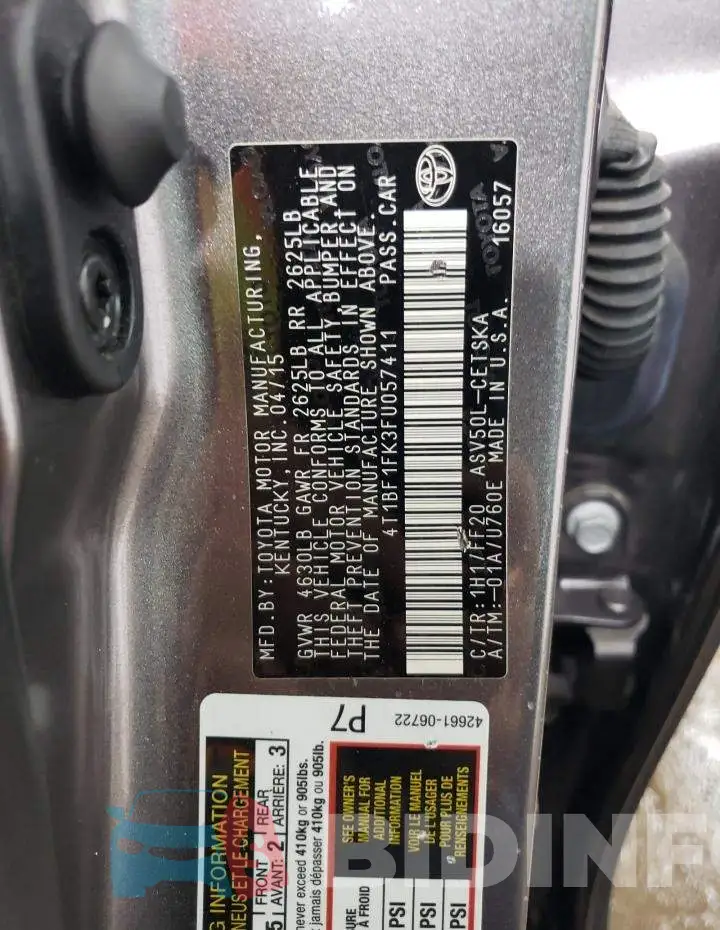 4T1BF1FK3FU057411 Photo# 12