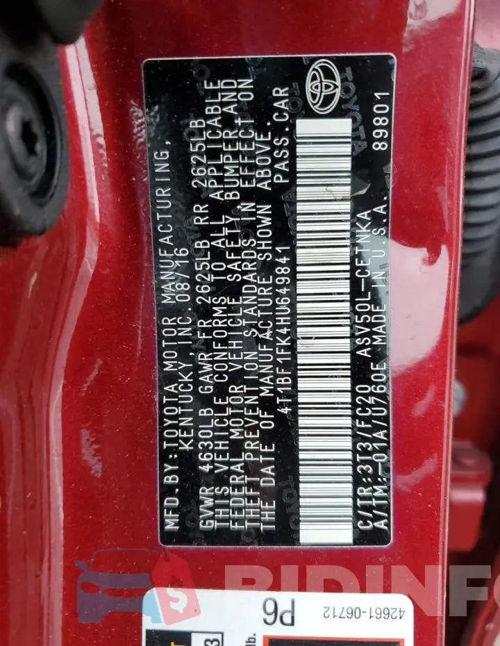 4T1BF1FK4HU649841 Photo# 12