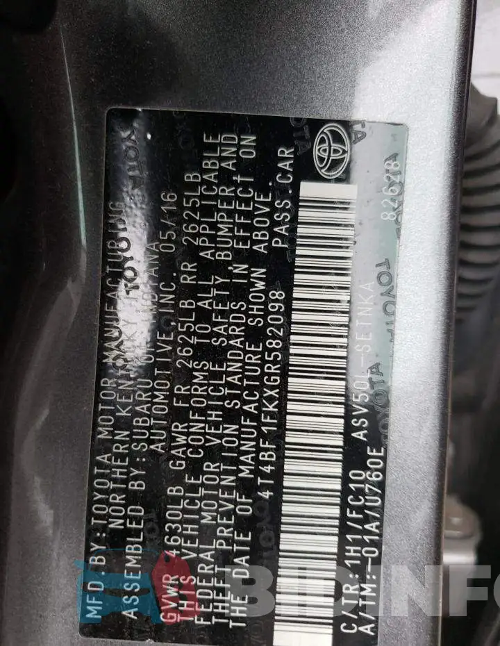4T4BF1FKXGR582098 Photo# 10