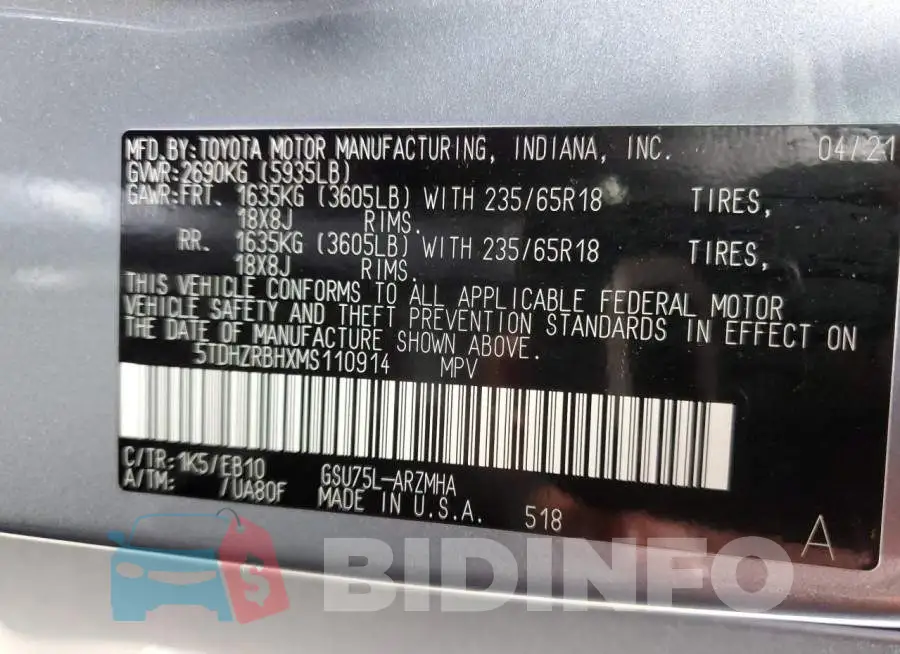 5TDHZRBHXMS110914 Photo# 13