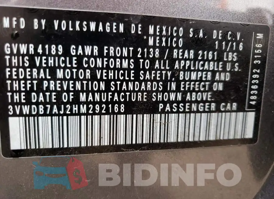 3VWDB7AJ2HM292168 Photo# 12