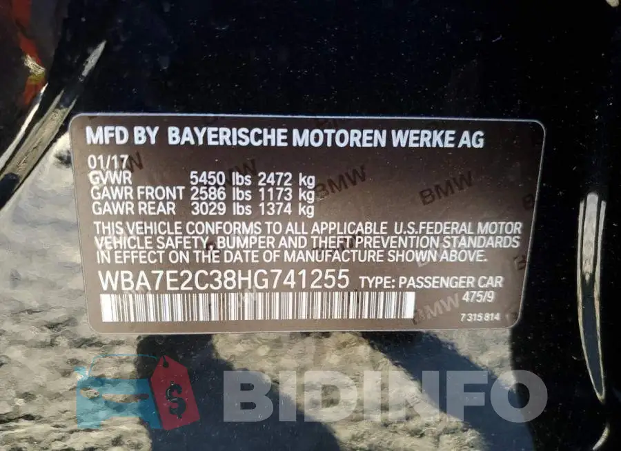 WBA7E2C38HG741255 Photo# 12