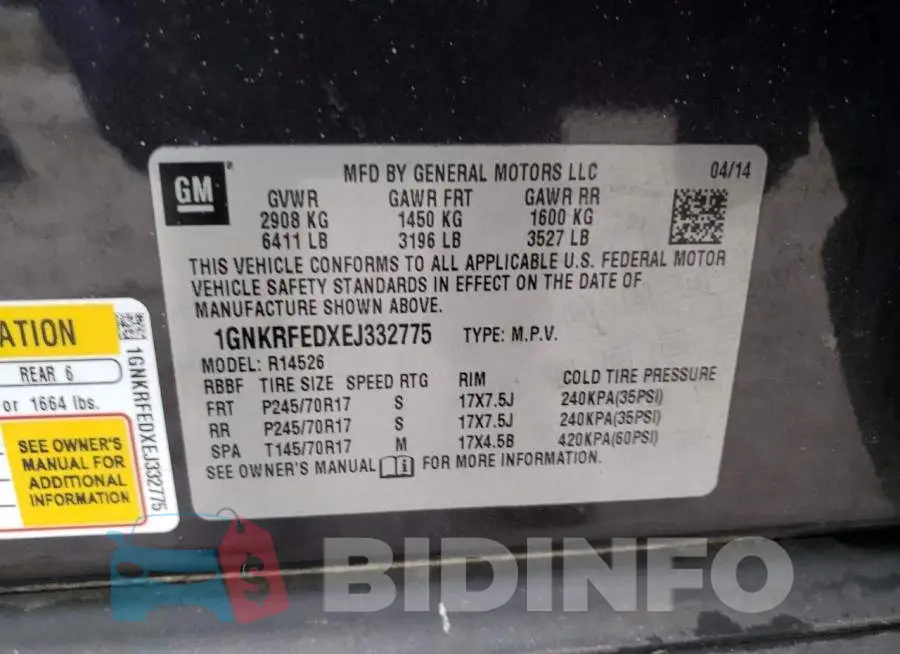 1GNKRFEDXEJ332775 Photo# 13