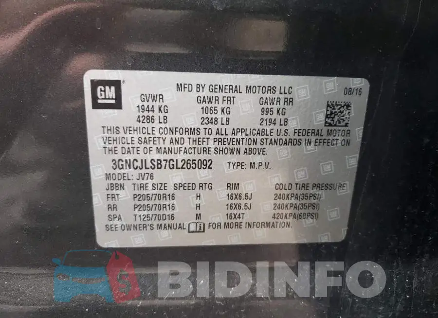 3GNCJLSB7GL265092 Photo# 13