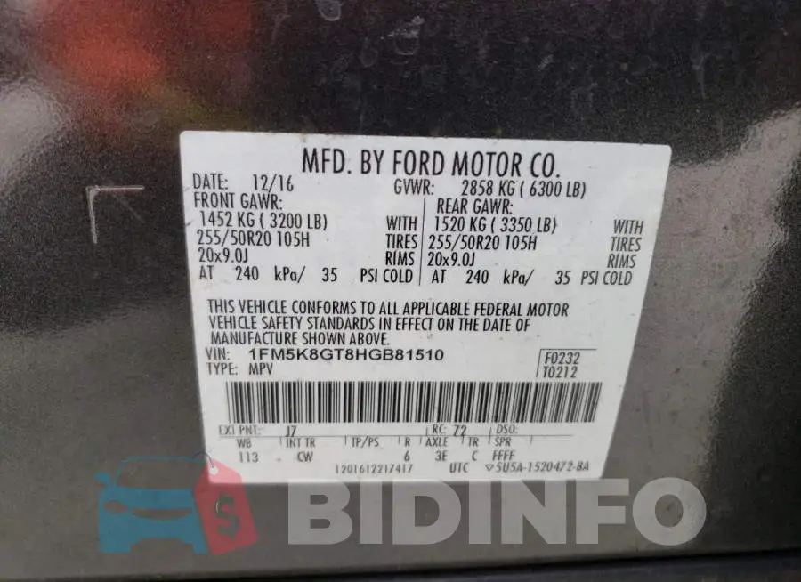 1FM5K8GT8HGB81510 Photo# 13