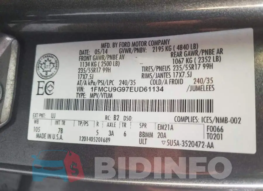 1FMCU9G97EUD61134 Photo# 14
