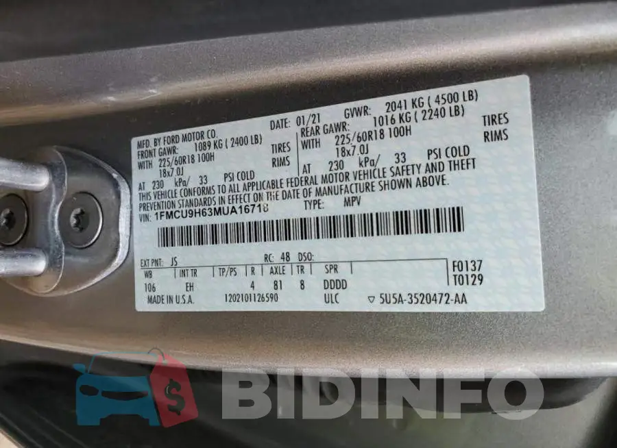 1FMCU9H63MUA16718 Photo# 12