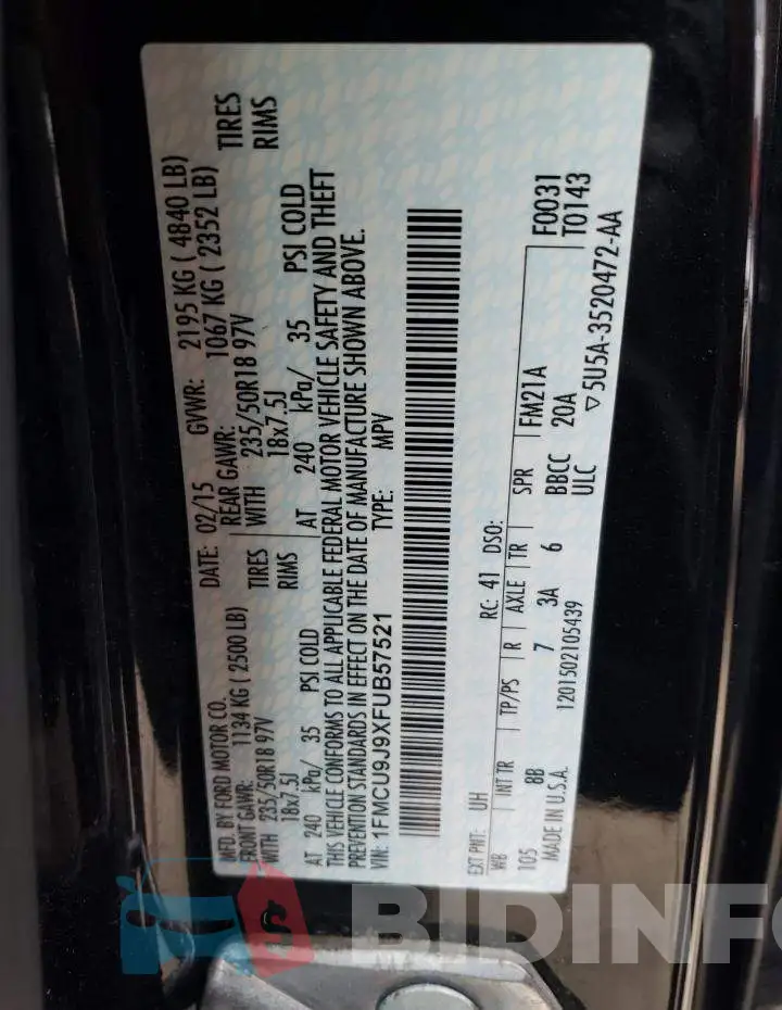 1FMCU9J9XFUB57521 Photo# 12