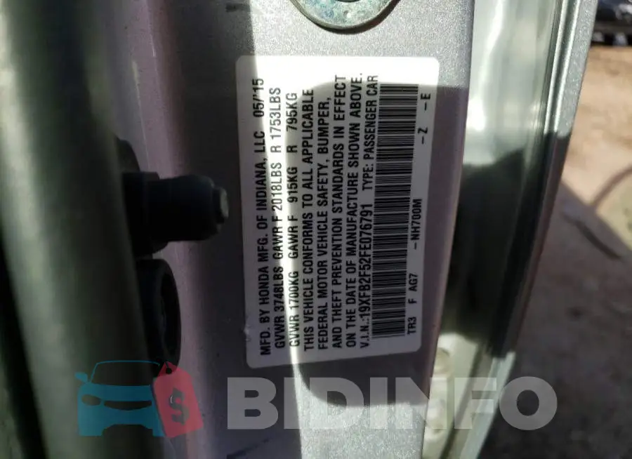 19XFB2F52FE076791 Photo# 12