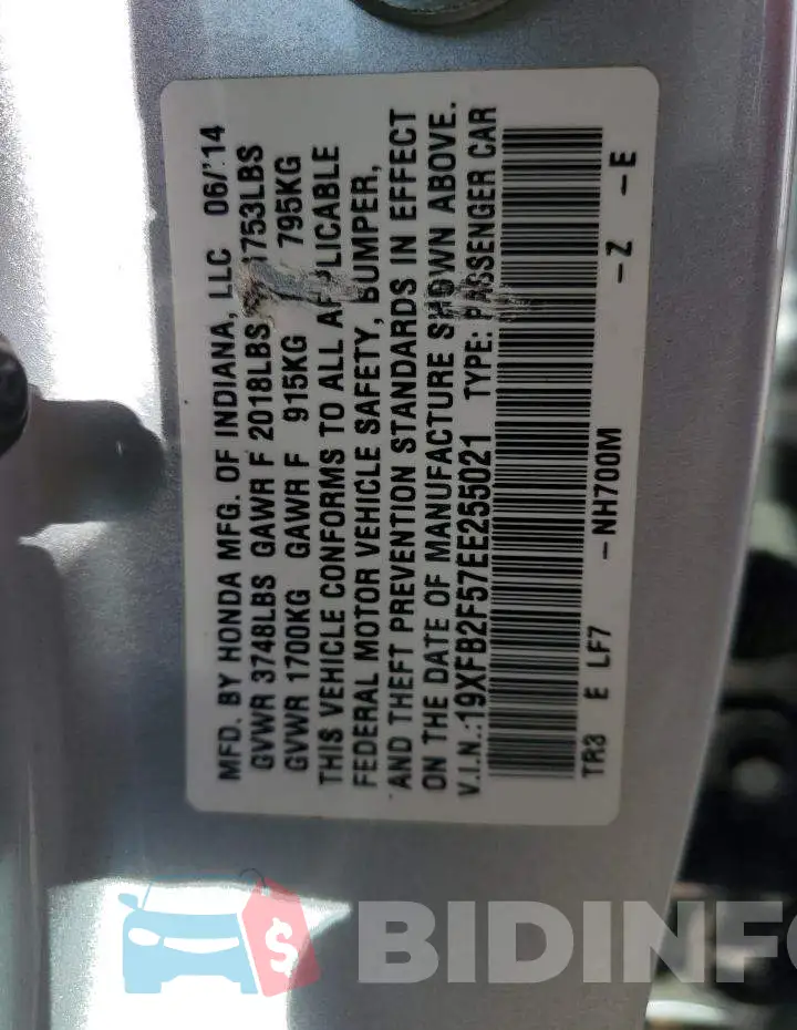 19XFB2F57EE255021 Photo# 12