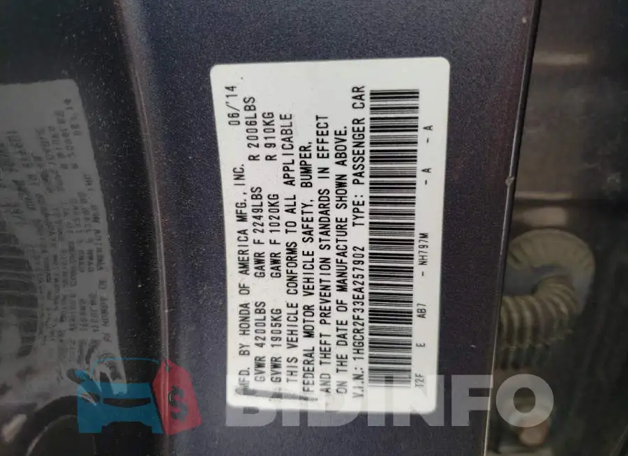 1HGCR2F33EA257902 Photo# 12