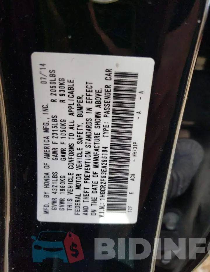 1HGCR2F53EA295194 Photo# 12