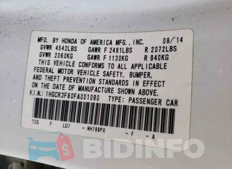 1HGCR3F80FA001090 Photo# 12