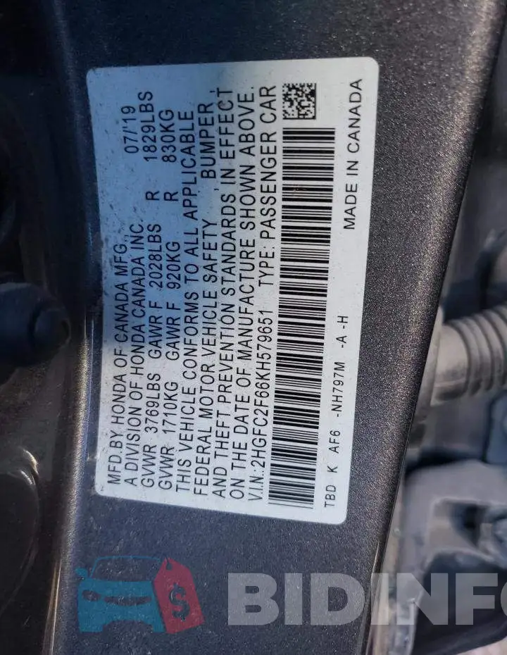2HGFC2F66KH579651 Photo# 12