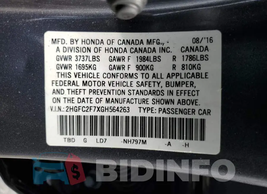 2HGFC2F7XGH564263 Photo# 13
