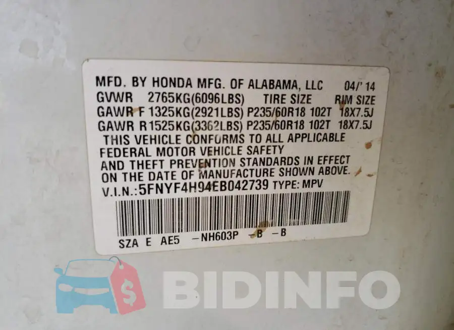 5FNYF4H94EB042739 Photo# 12