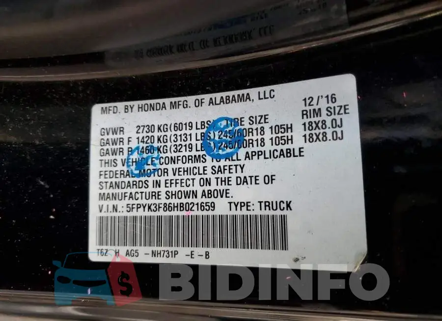 5FPYK3F86HB021659 Photo# 12