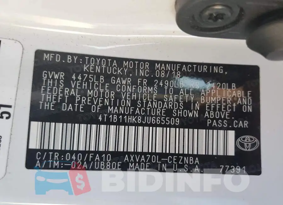 4T1B11HK8JU665509 Photo# 12