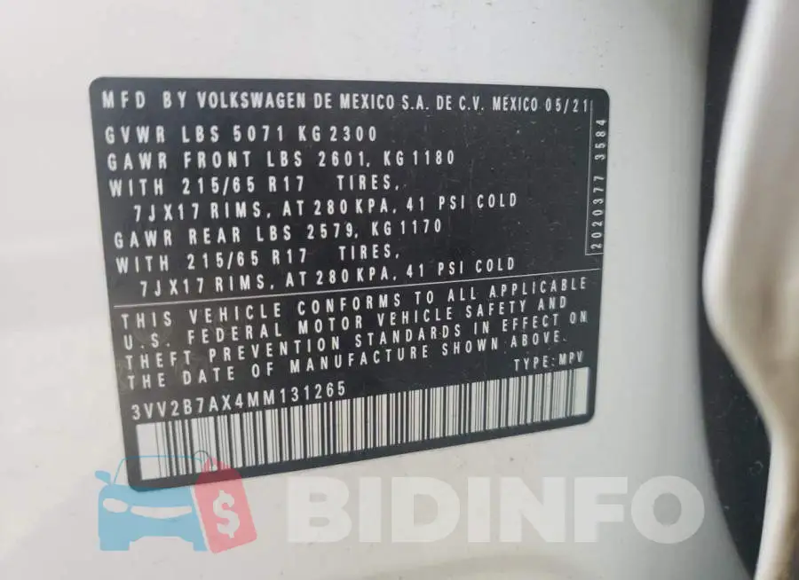 3VV2B7AX4MM131265 Photo# 13