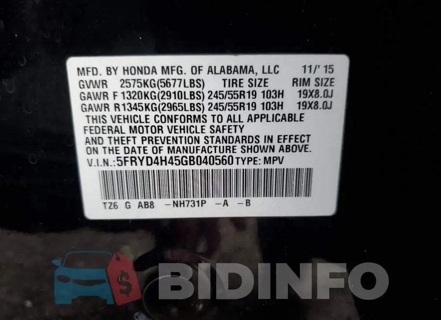 5FRYD4H45GB040560 Photo# 12