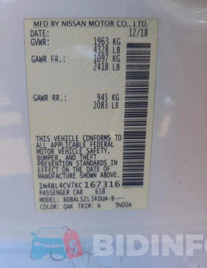 1N4BL4CV7KC167316 Photo# 12