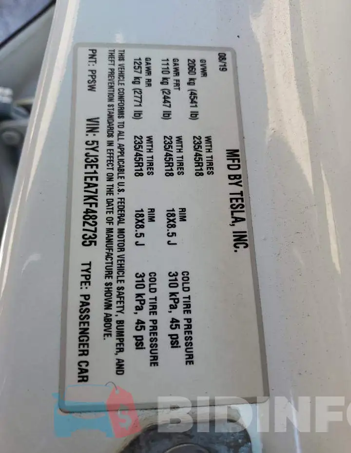 5YJ3E1EA7KF482735 Photo# 12