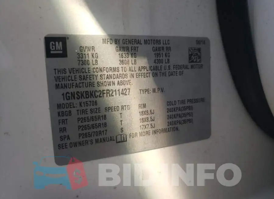 1GNSKBKC2FR211427 Photo# 10