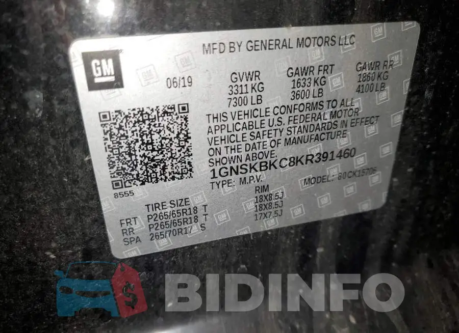 1GNSKBKC8KR391460 Photo# 13
