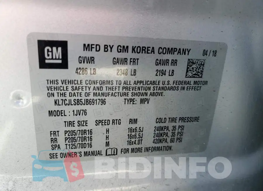 KL7CJLSB5JB691796 Photo# 13