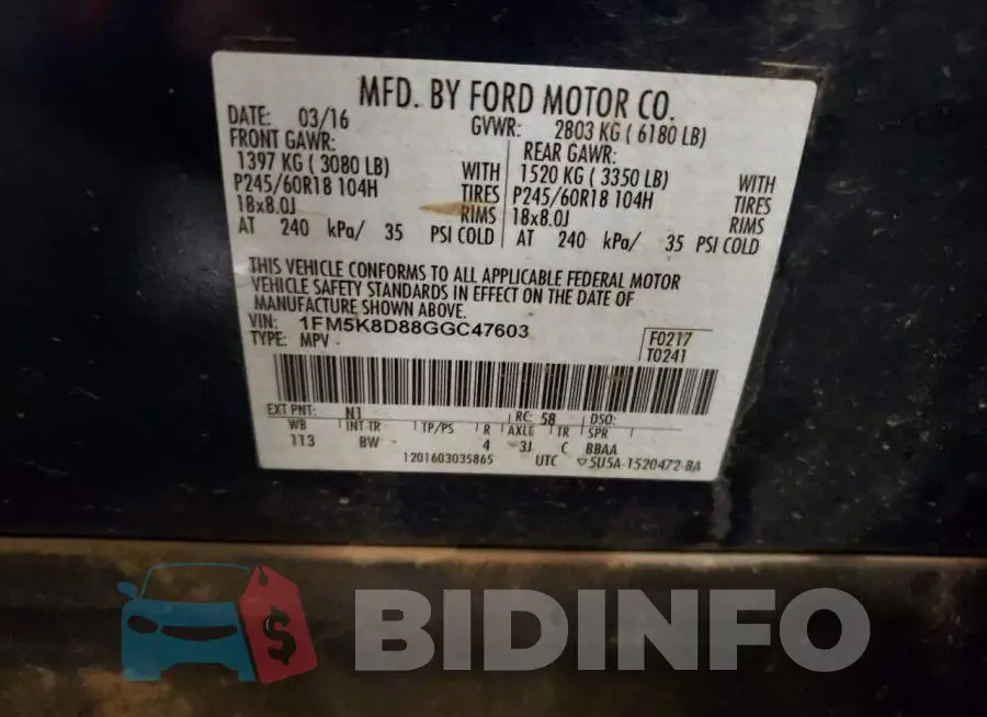 1FM5K8D88GGC47603 Photo# 13