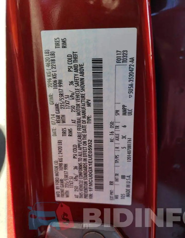 1FMCU0GX1EUE05932 Photo# 12
