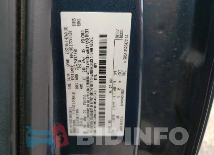 1FMCU9GD1KUB49376 Photo# 10