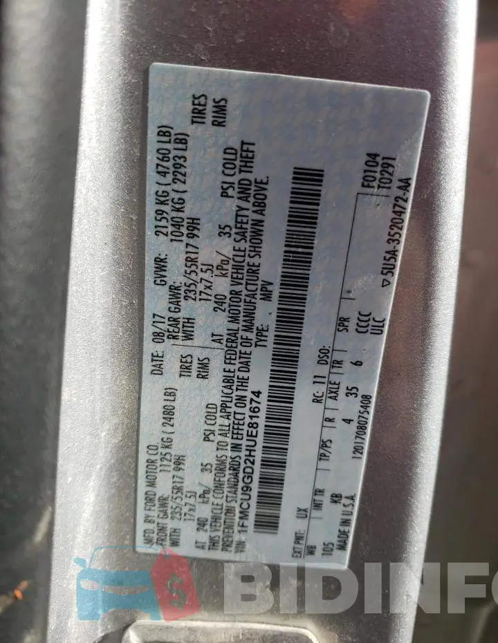 1FMCU9GD2HUE81674 Photo# 13
