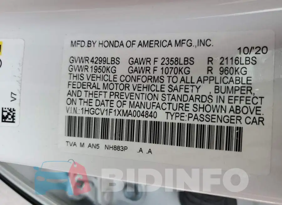 1HGCV1F1XMA004840 Photo# 12