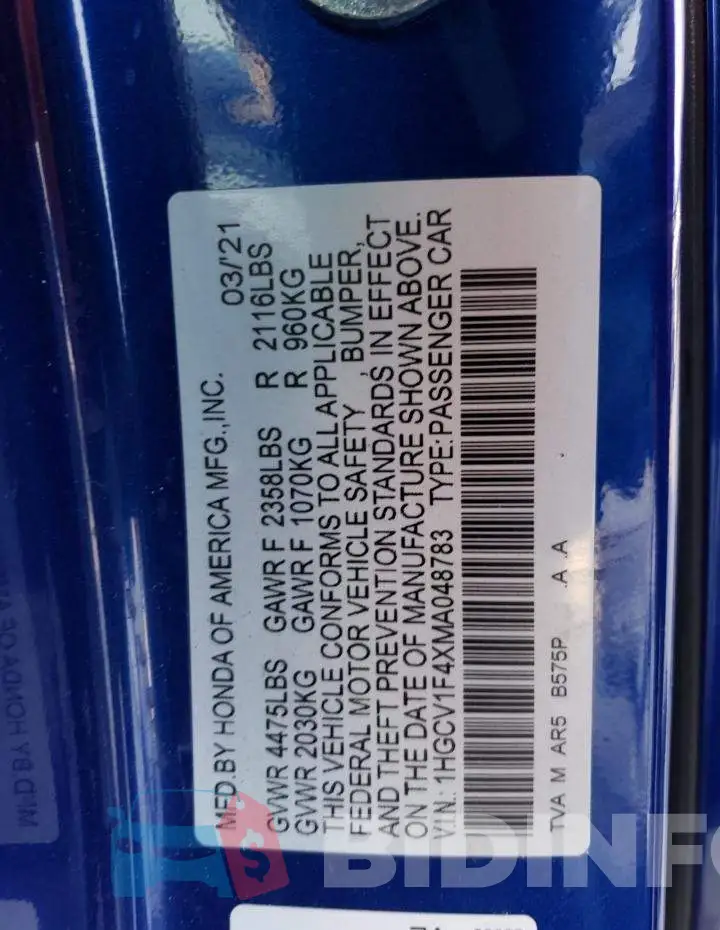 1HGCV1F4XMA048783 Photo# 13