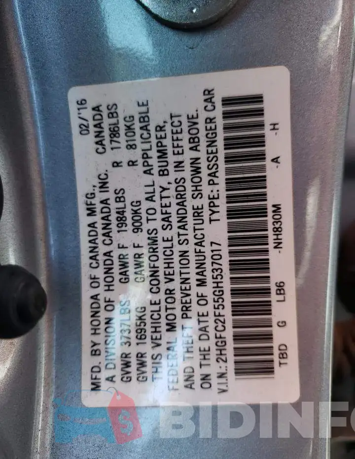 2HGFC2F55GH537017 Photo# 13