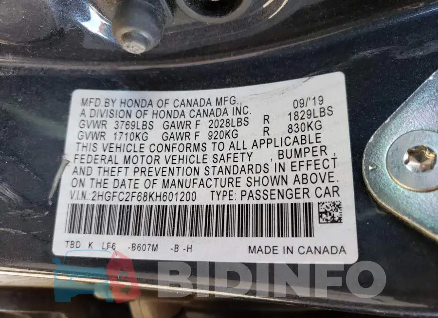 2HGFC2F68KH601200 Photo# 12