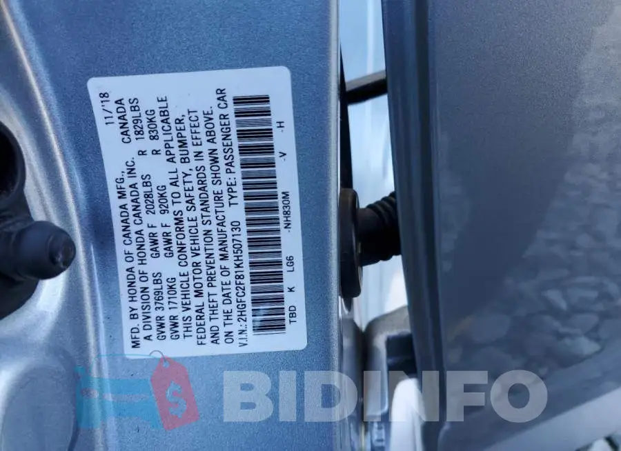 2HGFC2F81KH507130 Photo# 13