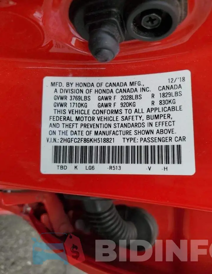 2HGFC2F86KH518821 Photo# 12