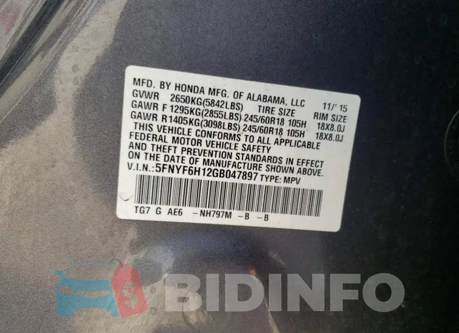 5FNYF6H12GB047897 Photo# 14
