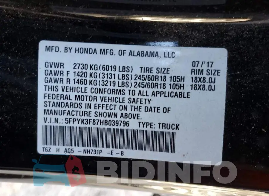 5FPYK3F87HB039796 Photo# 12