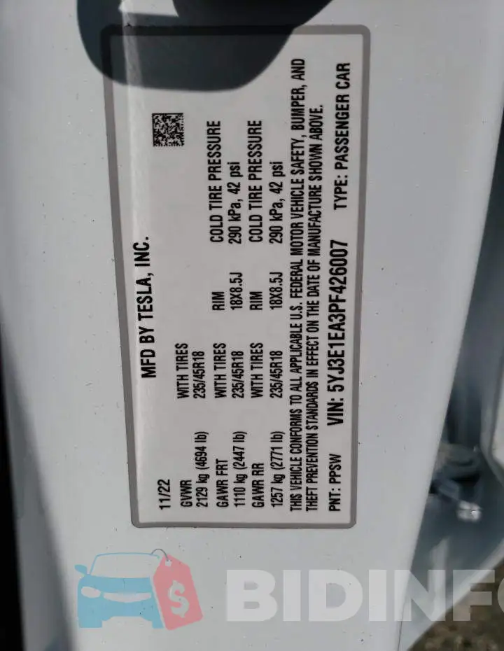 5YJ3E1EA3PF426007 Photo# 12