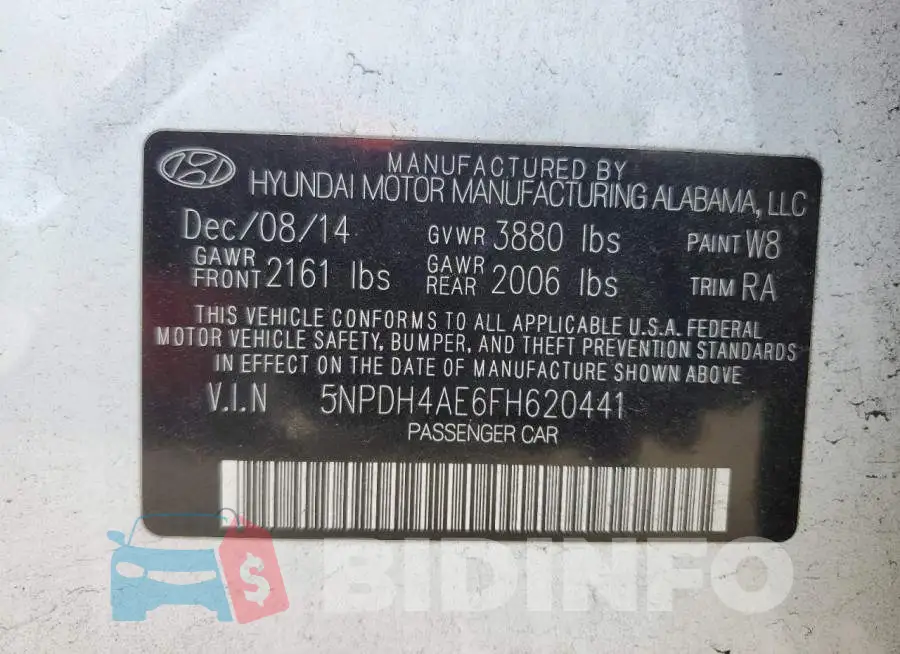 5NPDH4AE6FH620441 Photo# 12