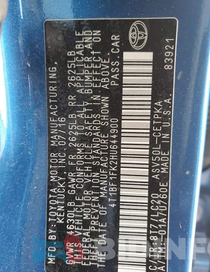 4T1BF1FK2HU644900 Photo# 12