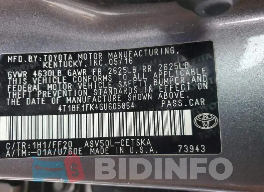 4T1BF1FK4GU605854 Photo# 12