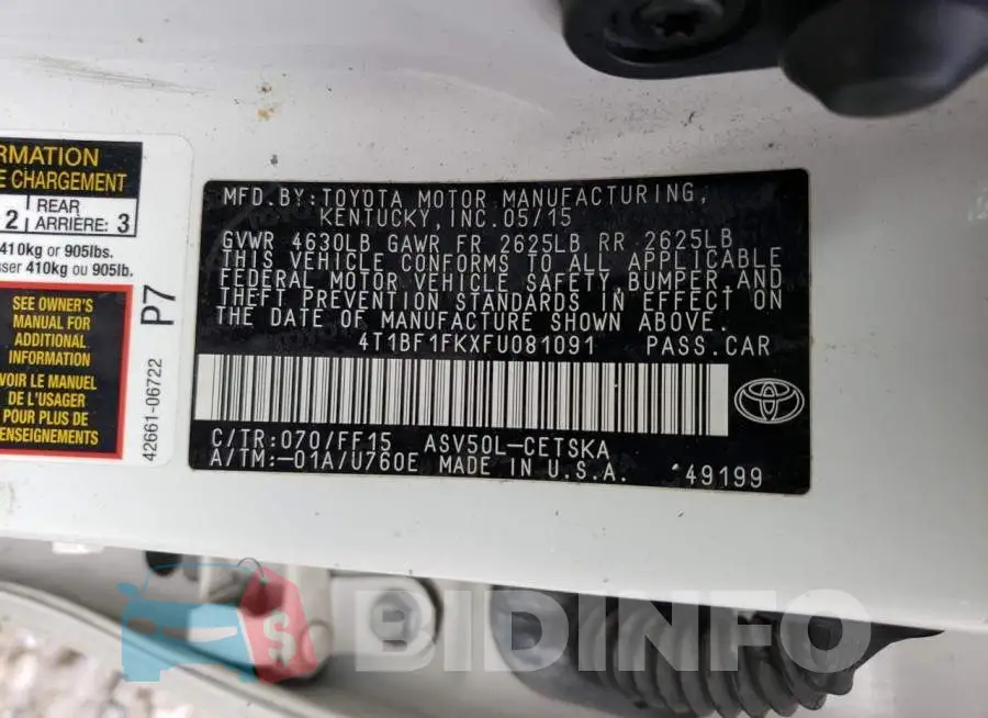 4T1BF1FKXFU081091 Photo# 12