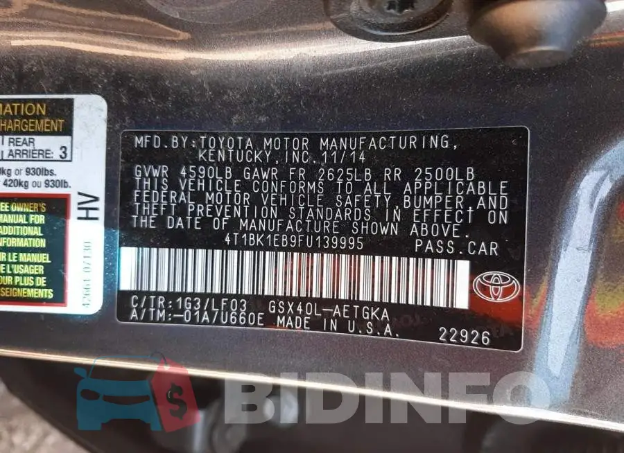 4T1BK1EB9FU139995 Photo# 12
