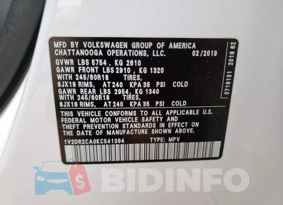 1V2DR2CA0KC541394 Photo# 13