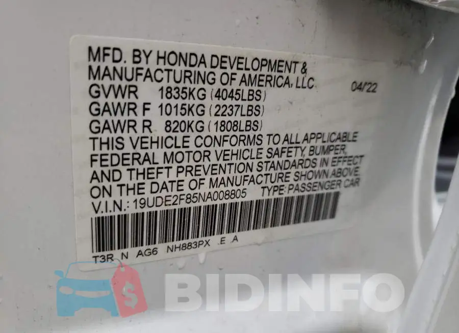 19UDE2F85NA008805 Photo# 12