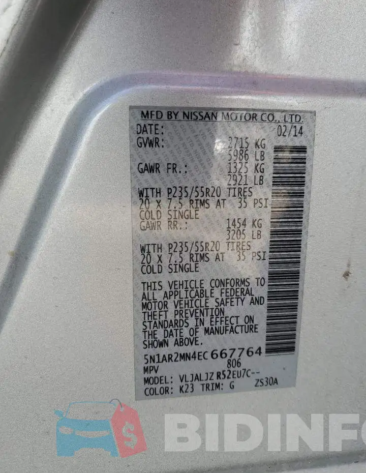 5N1AR2MN4EC667764 Photo# 13